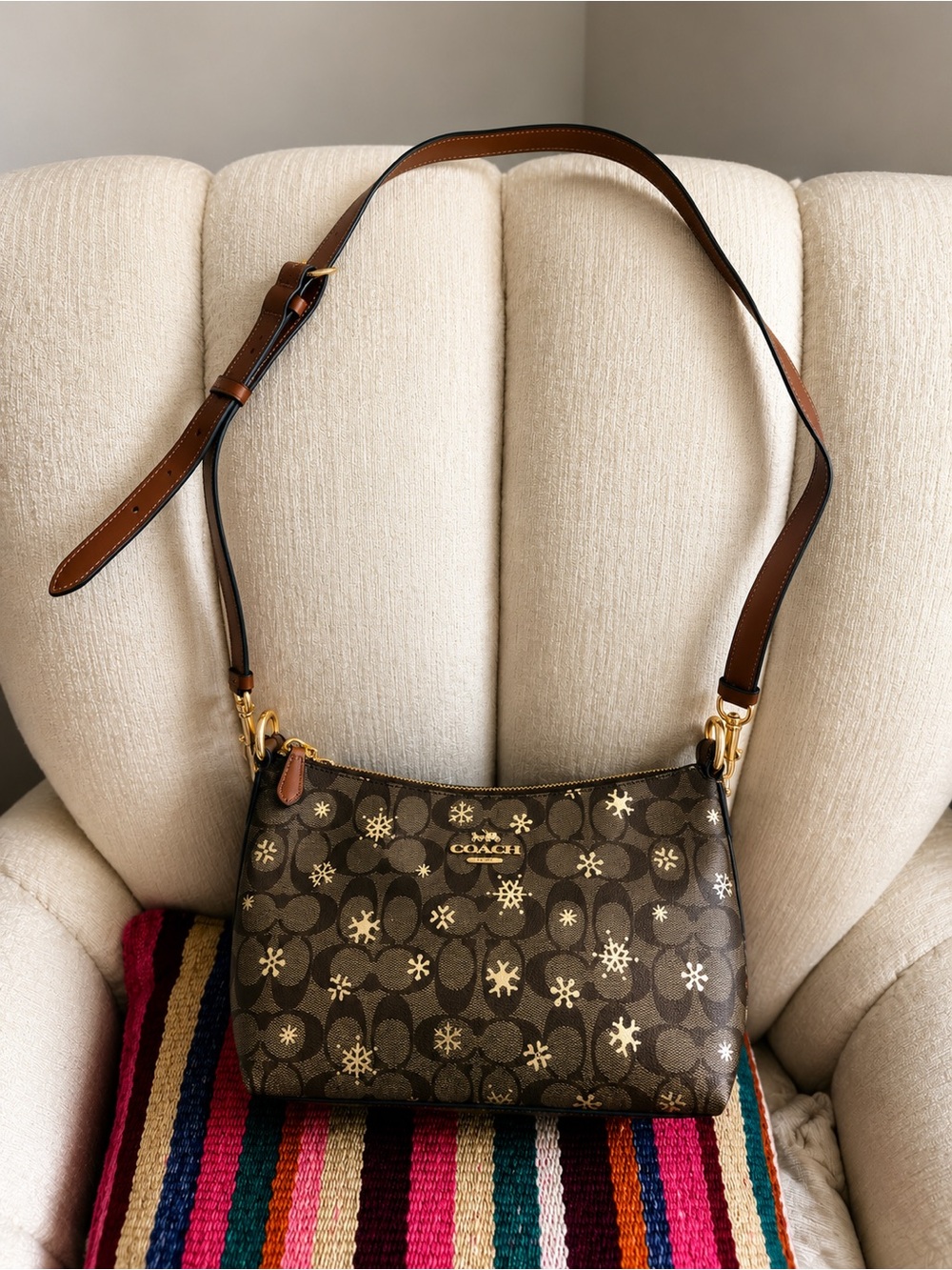 Coach Brown Signature Snowflake Shoulder Bag with Gold Hardware